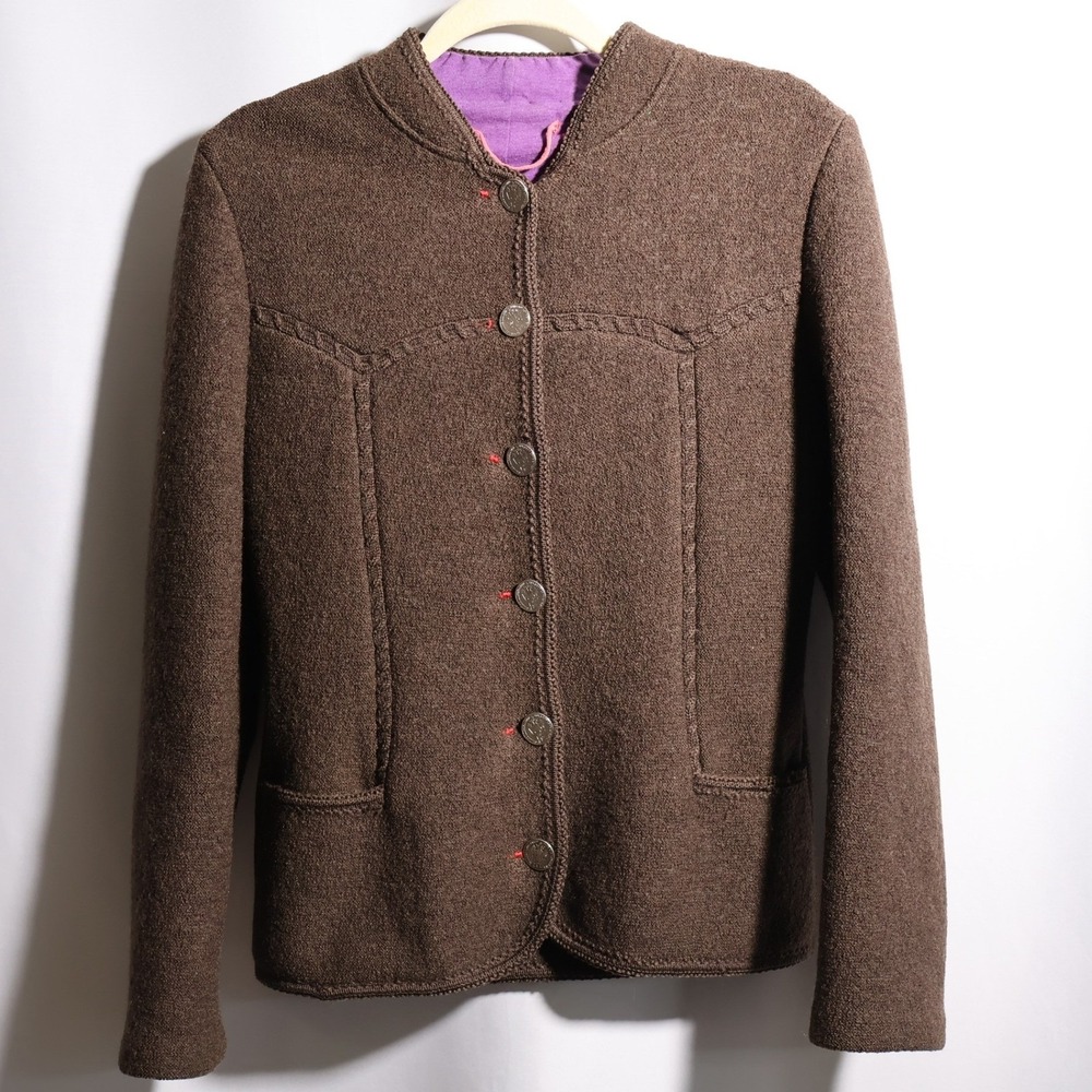 Vintage Austrian‎ Trachten Boiled Wool Jacket Brown Coin Buttons Women M SEE